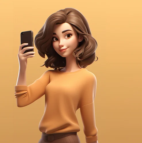 A young woman holds up her phone and smiles.