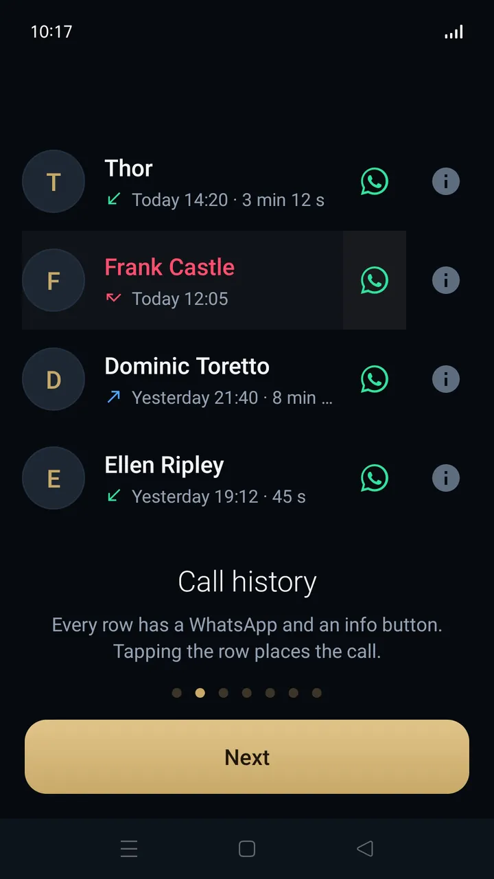 Call history in Speron Dialer: four recent calls, each with a WhatsApp button and an info button.