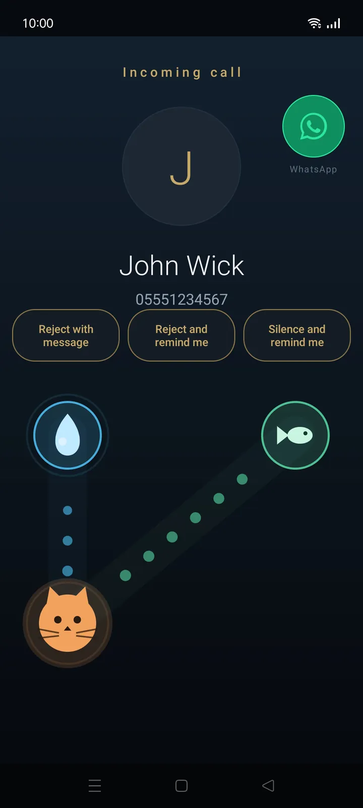 Incoming call screen with three buttons: Reject with message, Reject and remind me, Silence and remind me, plus a WhatsApp button.